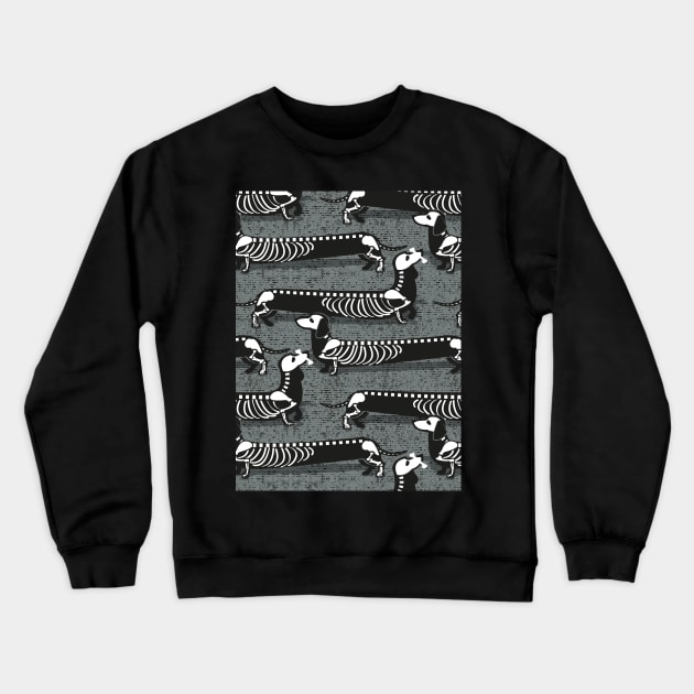 Spooktacular long dachshunds skeleton // pattern // green grey background skeleton dogs Crewneck Sweatshirt by SelmaCardoso